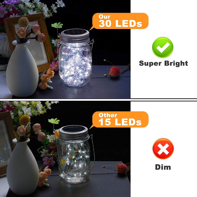 Mlambert Mason Jar Solar Lights 30 LEDs, 6 Pack Hanging Solar Lanterns Outdoor, Waterproof Fairy Lights Outdoor Lanterns for Patio Garden, Cool White - Image 3